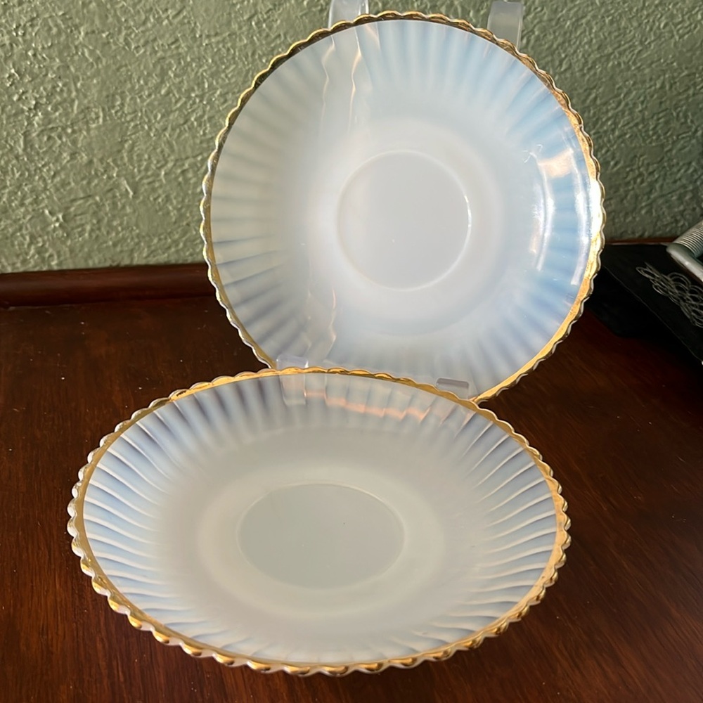 Pair Macbeth-Evans Monax Petalware Saucer Opalescent Milk Glass Gold Trim